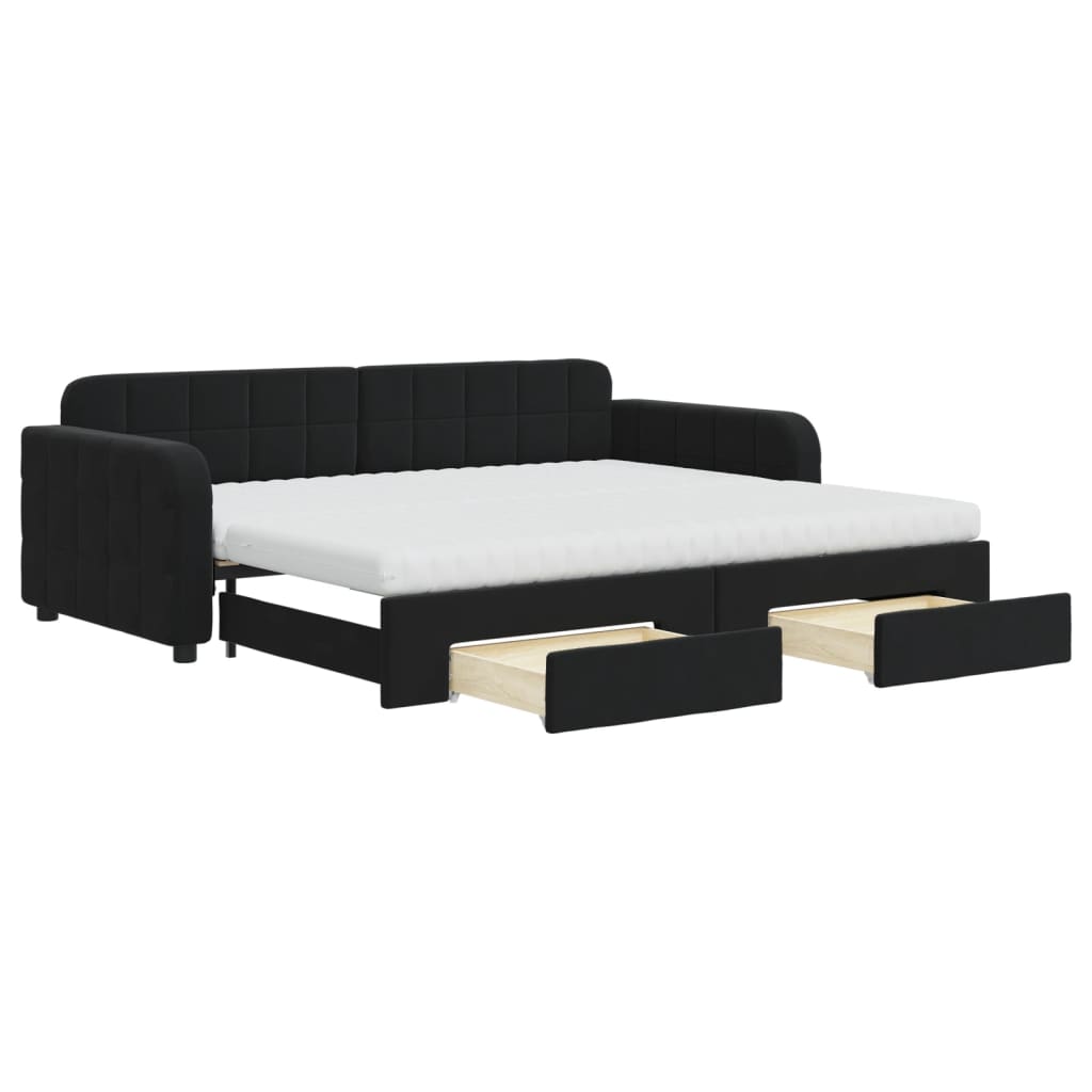 daybed med udtræk og skuffer 90x200 cm velour sort