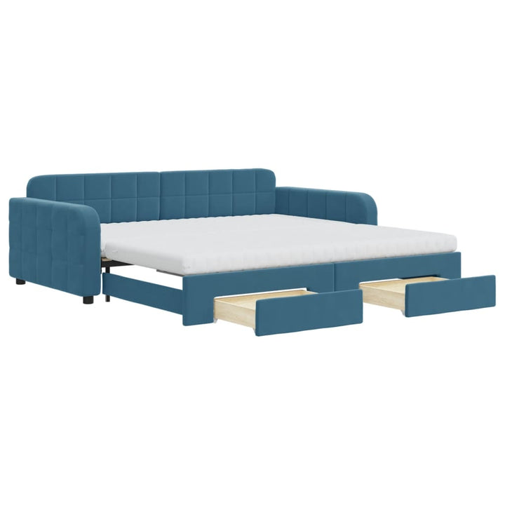 daybed med udtræk og skuffer 100x200 cm velour blå