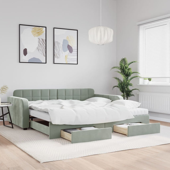 daybed med udtræk og skuffer 100x200 cm velour lysegrå
