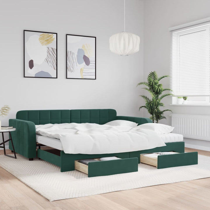 daybed med udtræk og skuffer 100x200 cm velour mørkegrøn