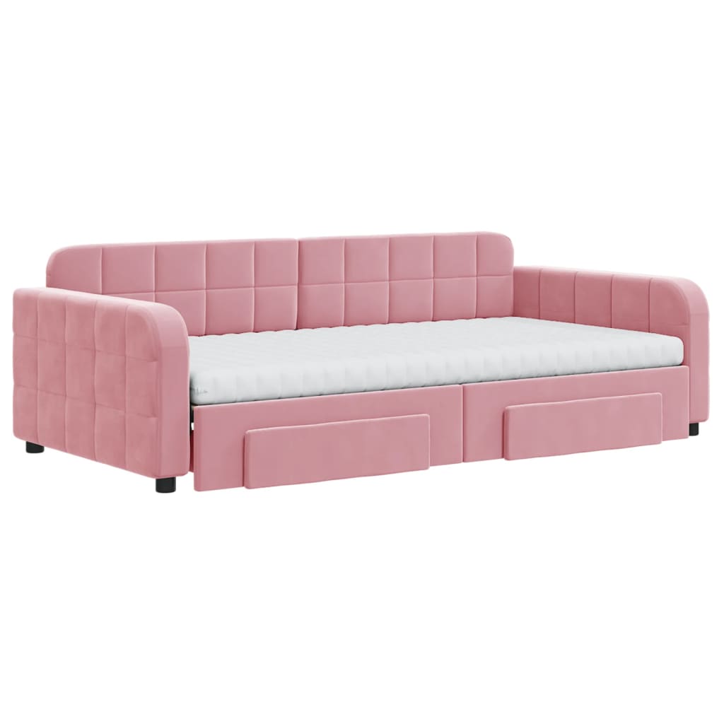 daybed med udtræk og skuffer 100x200 cm velour lyserød