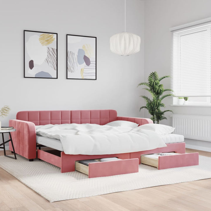 daybed med udtræk og skuffer 100x200 cm velour lyserød