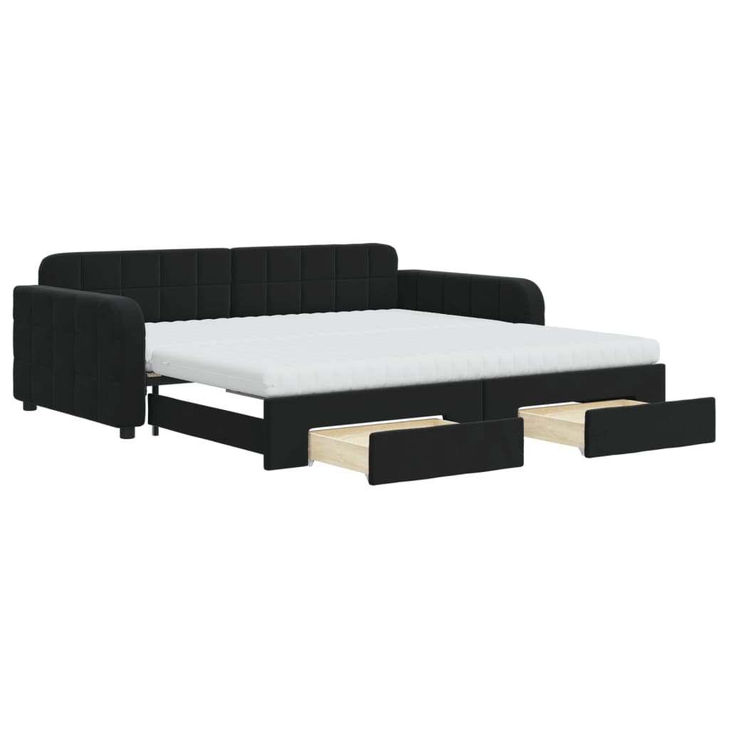 daybed med udtræk og skuffer 100x200 cm velour sort