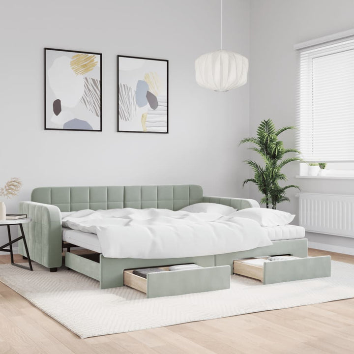 daybed med udtræk og skuffer 90x190 cm velour lysegrå