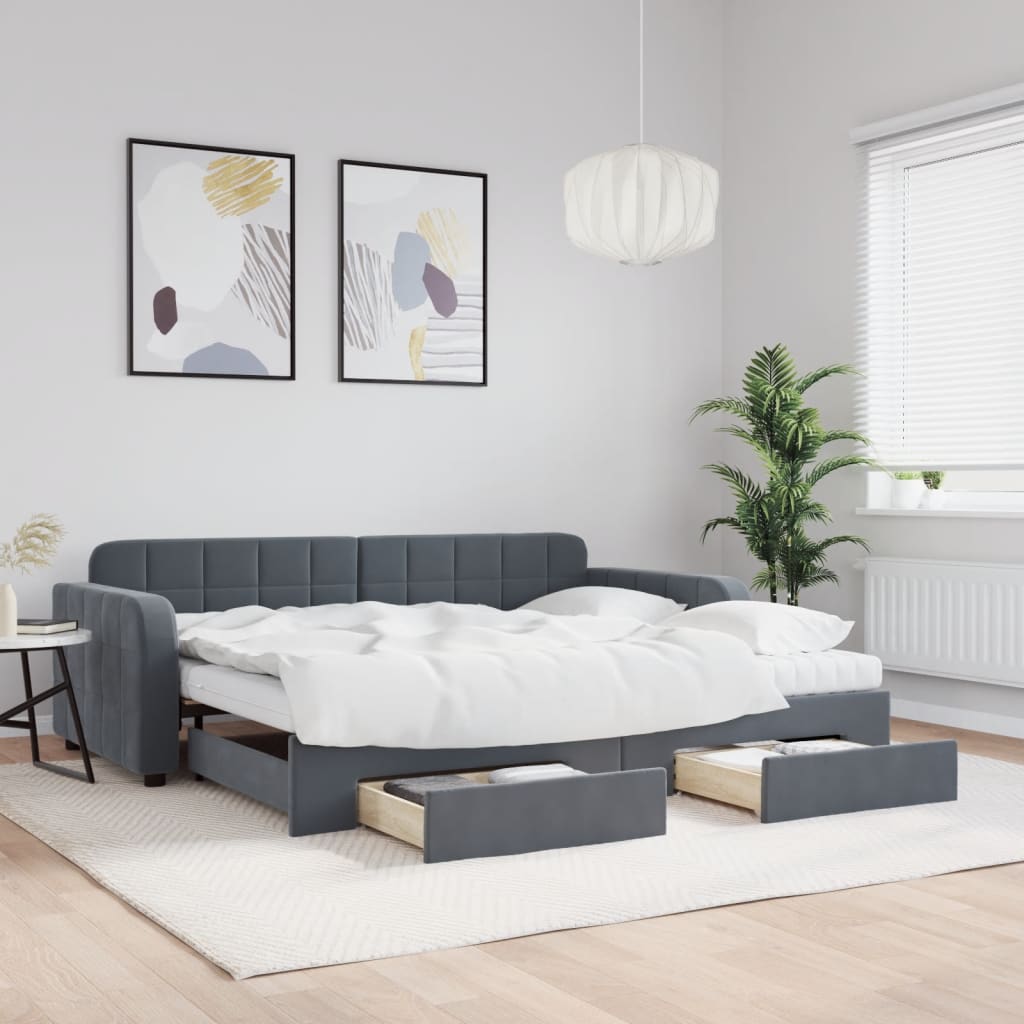 daybed med udtræk og skuffer 90x190 cm velour mørkegrå