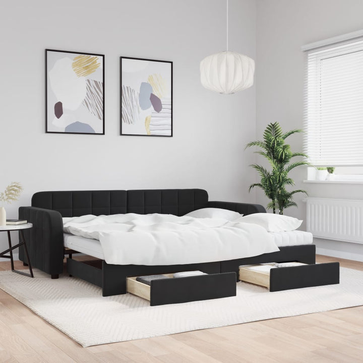 daybed med udtræk og skuffer 90x190 cm velour sort