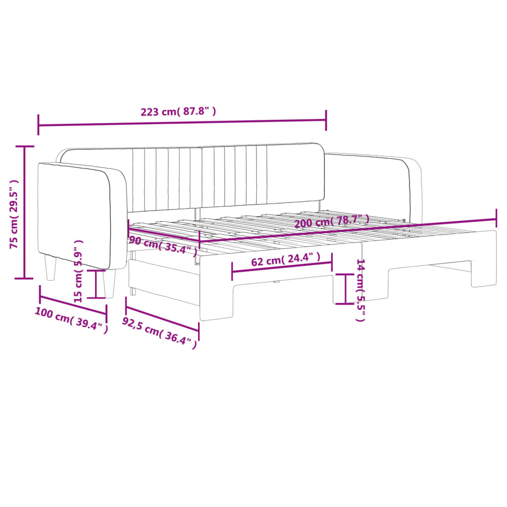 daybed med udtræk 90x200 cm velour lyserød