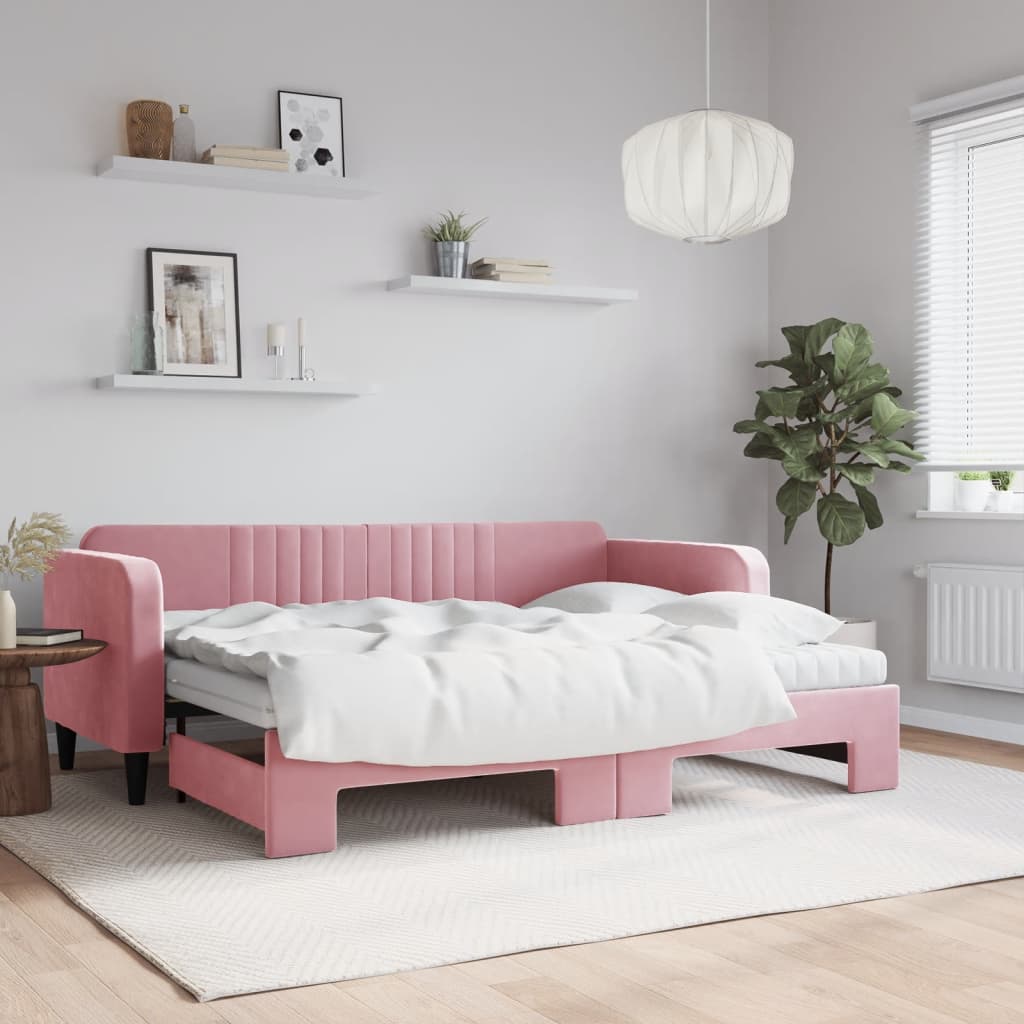 daybed med udtræk og madras 80x200 cm velour lyserød