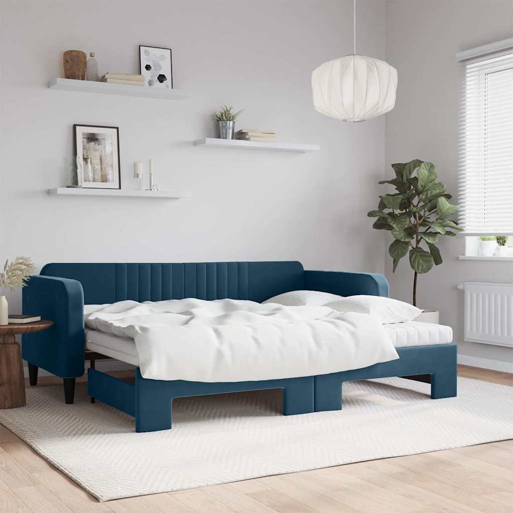 daybed med udtræk og madras 90x200 cm velour blå