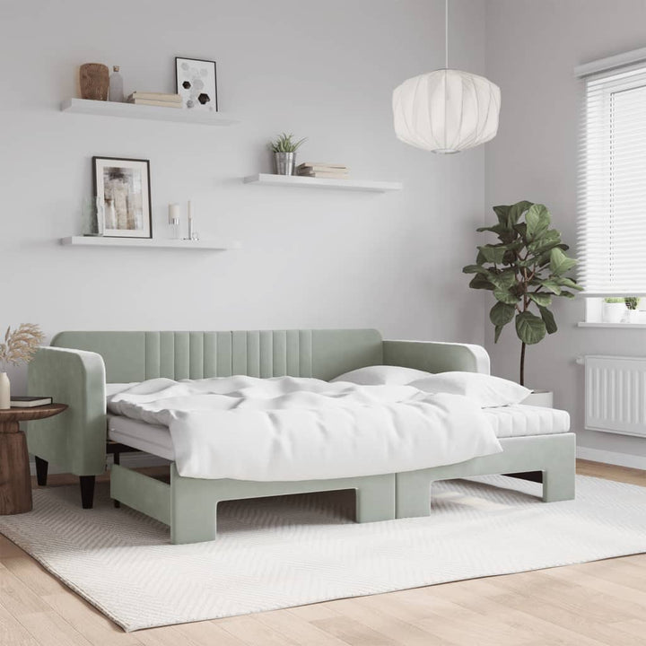 daybed med udtræk og madras 90x200 cm velour lysegrå