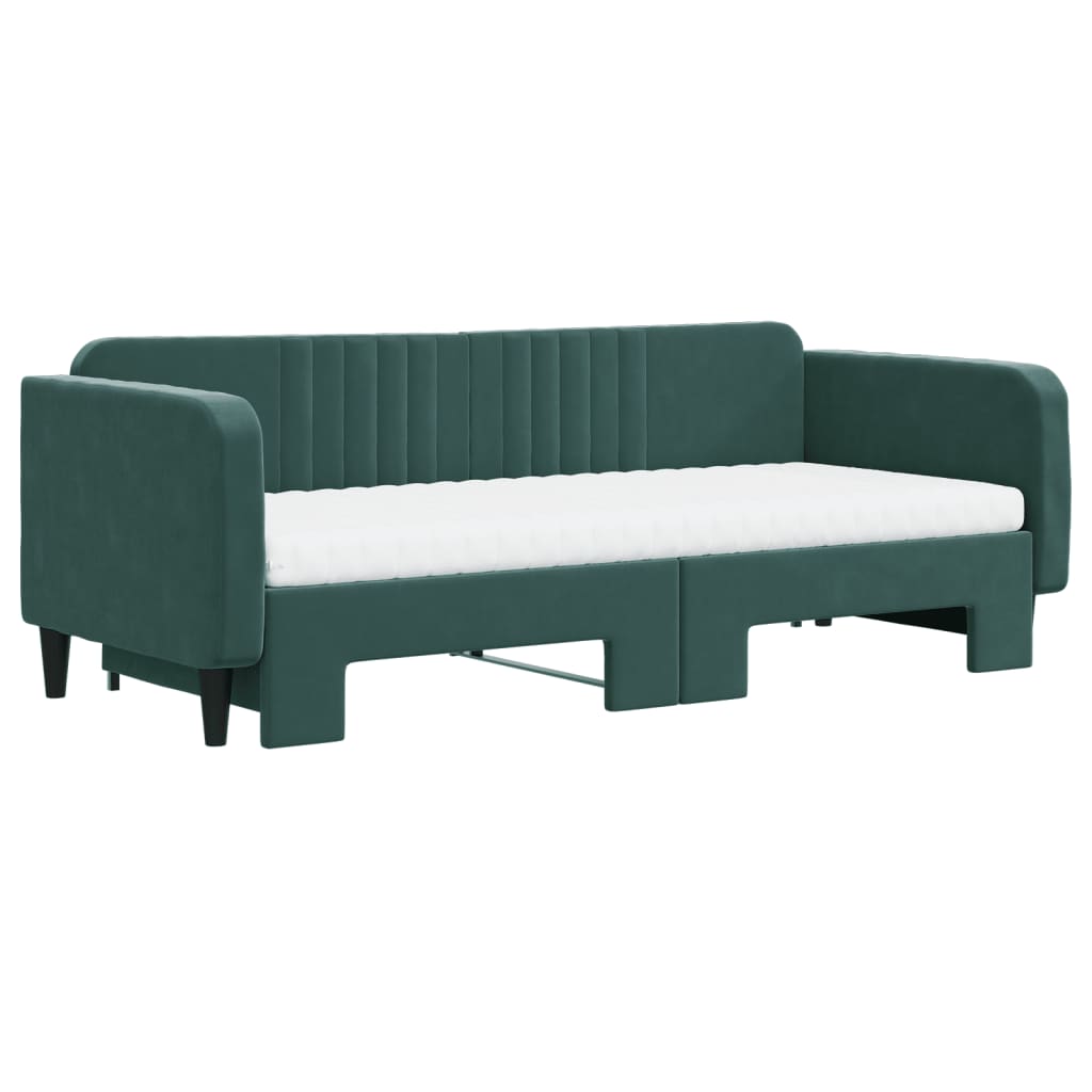 daybed med udtræk og madras 90x200 cm velour mørkegrøn