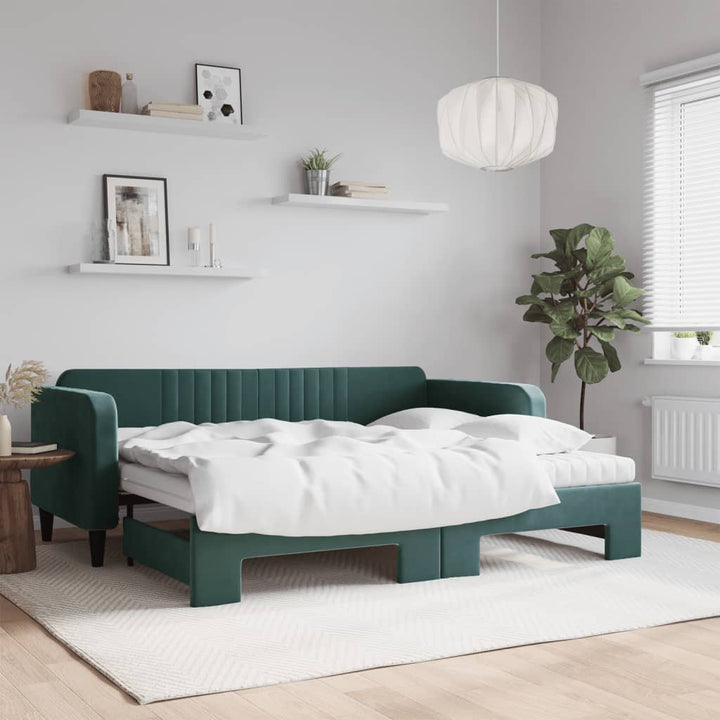 daybed med udtræk og madras 90x200 cm velour mørkegrøn