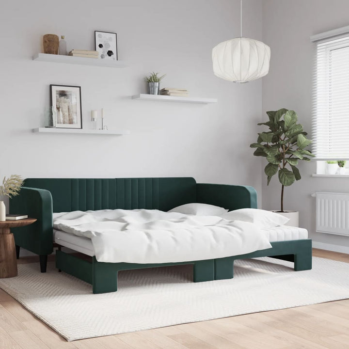 daybed med udtræk og madras 100x200 cm velour mørkegrøn