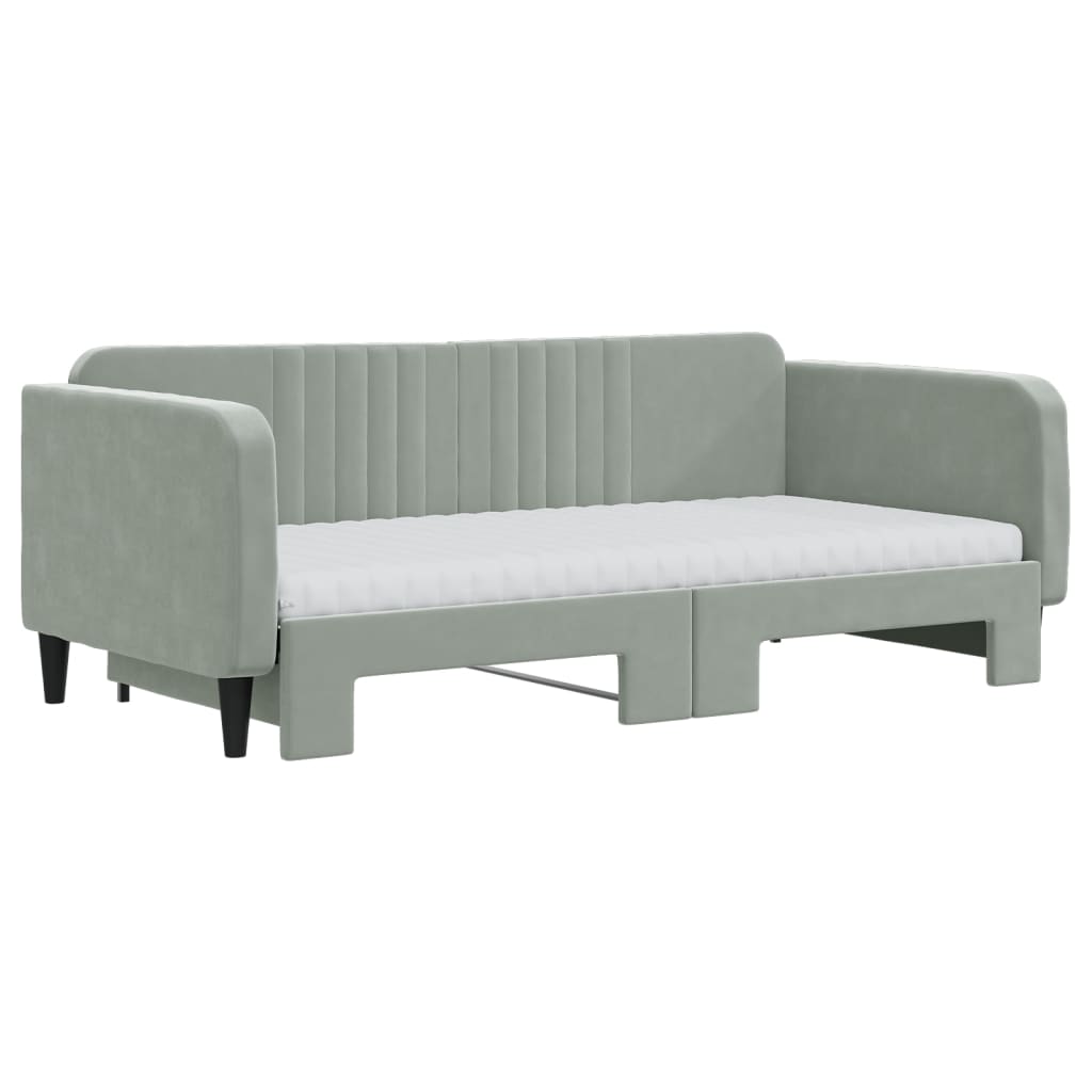 daybed med udtræk og madras 90x190 cm velour lysegrå
