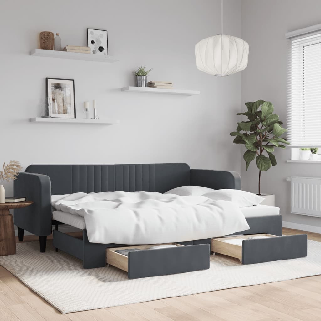 daybed med udtræk og skuffer 80x200 cm velour mørkegrå