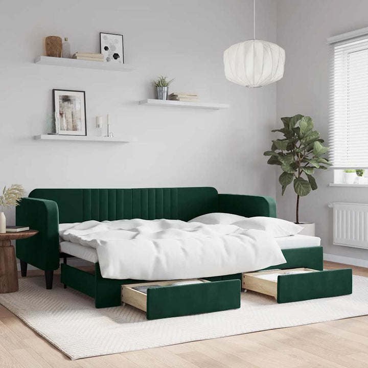 daybed med udtræk og skuffer 80x200 cm velour mørkegrøn