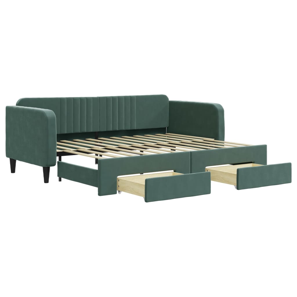 daybed med udtræk og skuffer 90x200 cm velour mørkegrøn