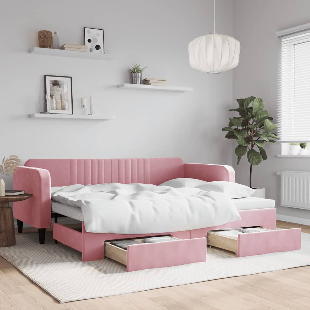 daybed med udtræk og skuffer 90x200 cm velour lyserød