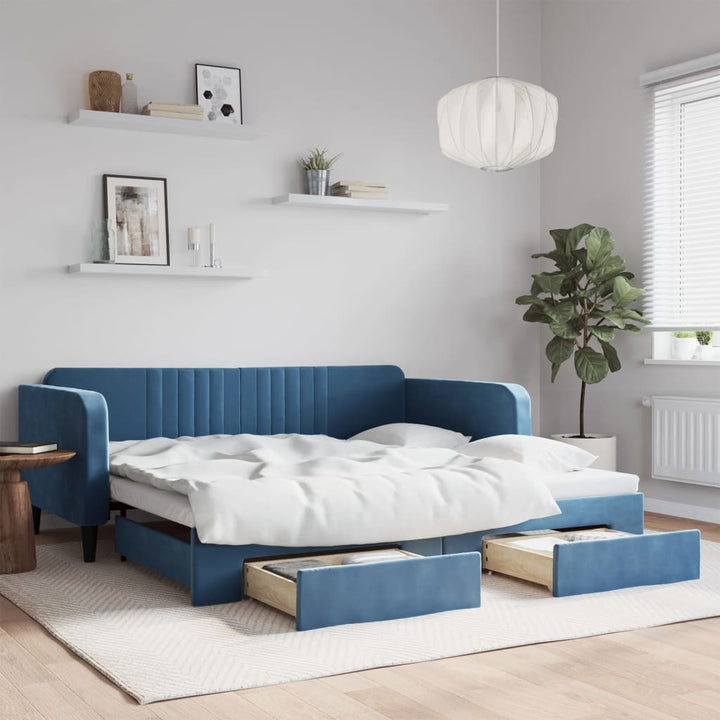 daybed med udtræk og skuffer 100x200 cm velour blå