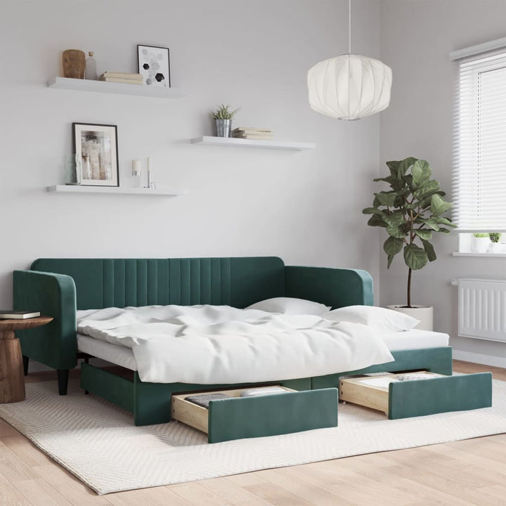 daybed med udtræk og skuffer 100x200 cm velour mørkegrøn