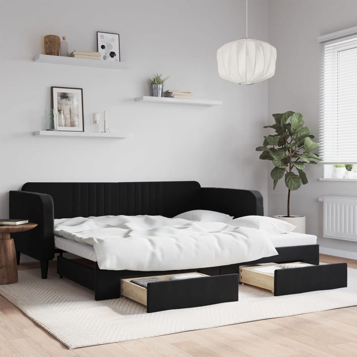 daybed med udtræk og skuffer 100x200 cm velour sort