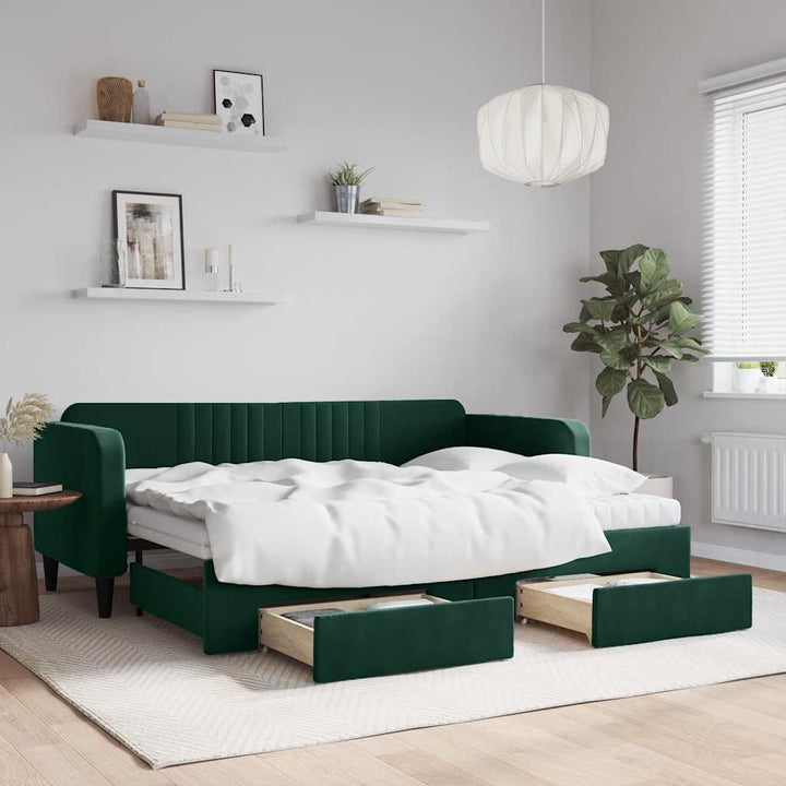 daybed med udtræk og skuffer 80x200 cm velour mørkegrøn