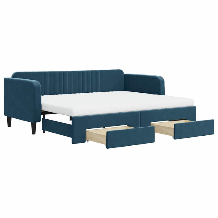 daybed med udtræk og skuffer 90x200 cm velour blå