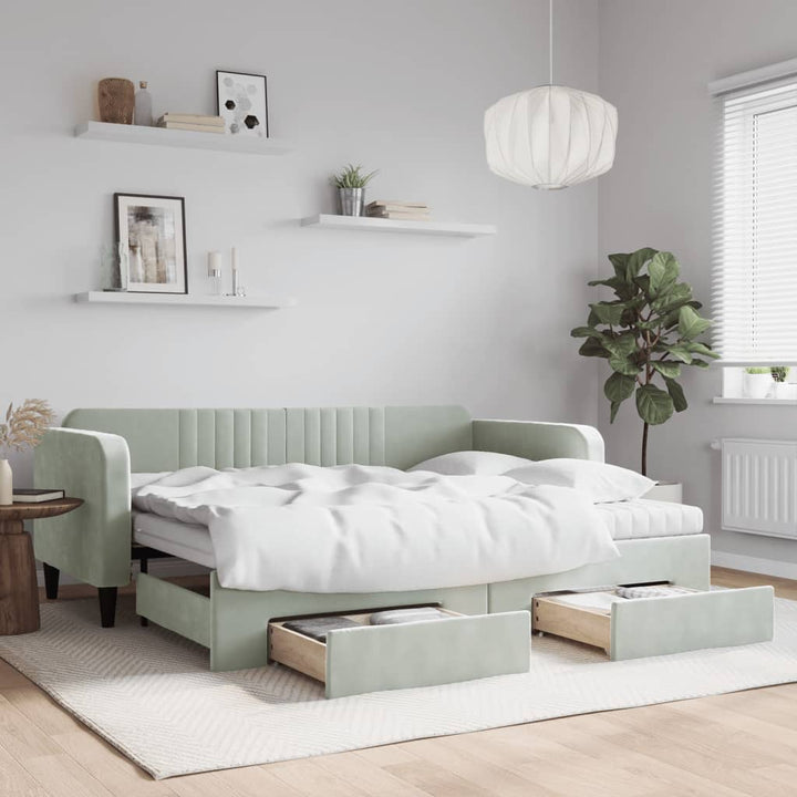 daybed med udtræk og skuffer 90x200 cm velour lysegrå
