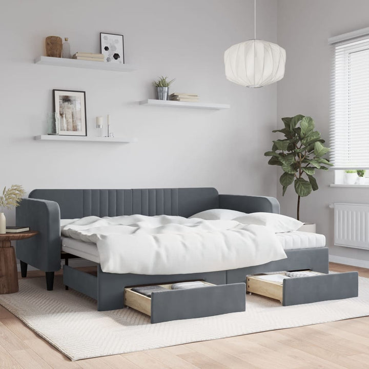 daybed med udtræk og skuffer 90x200 cm velour mørkegrå