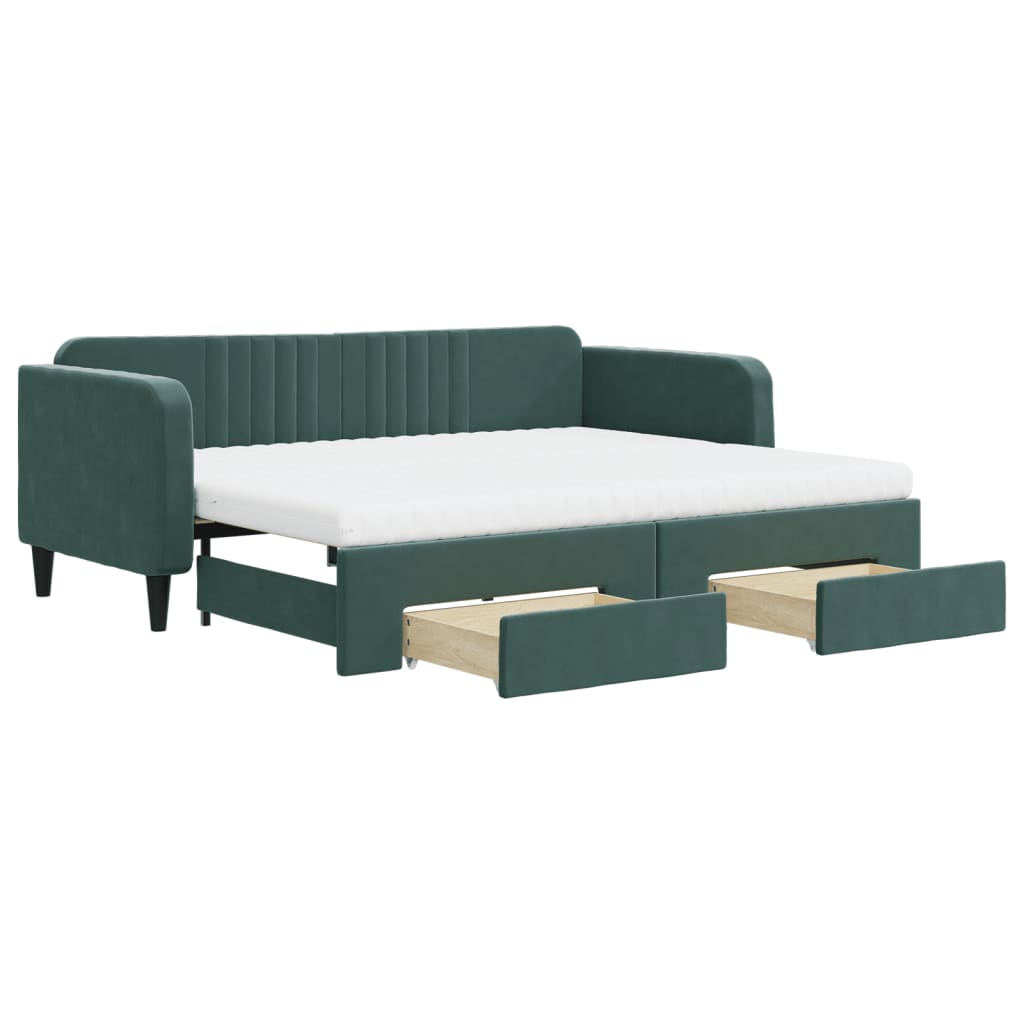 daybed med udtræk og skuffer 90x200 cm velour mørkegrøn