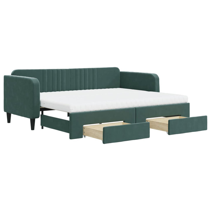 daybed med udtræk og skuffer 90x200 cm velour mørkegrøn