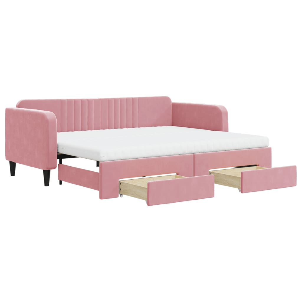 daybed med udtræk og skuffer 90x200 cm velour lyserød