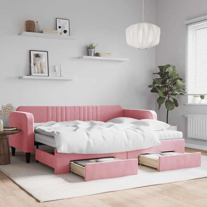 daybed med udtræk og skuffer 90x200 cm velour lyserød