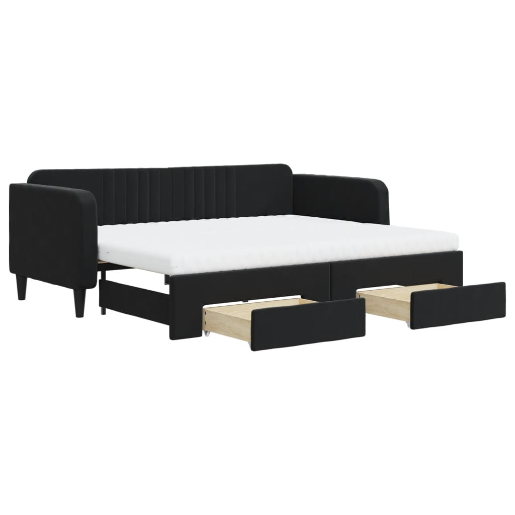daybed med udtræk og skuffer 90x200 cm velour sort