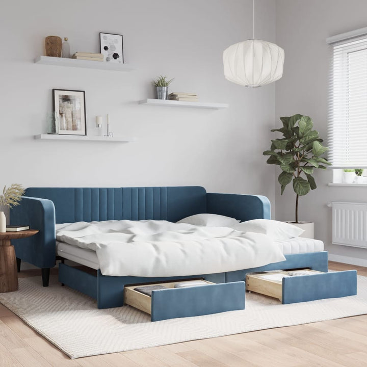 daybed med udtræk og skuffer 100x200 cm velour blå