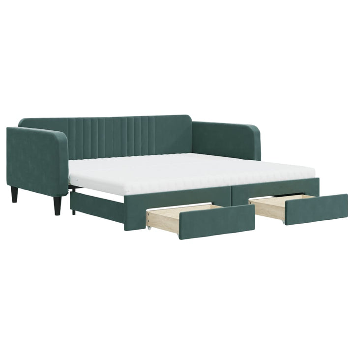 daybed med udtræk og skuffer 100x200 cm velour mørkegrøn