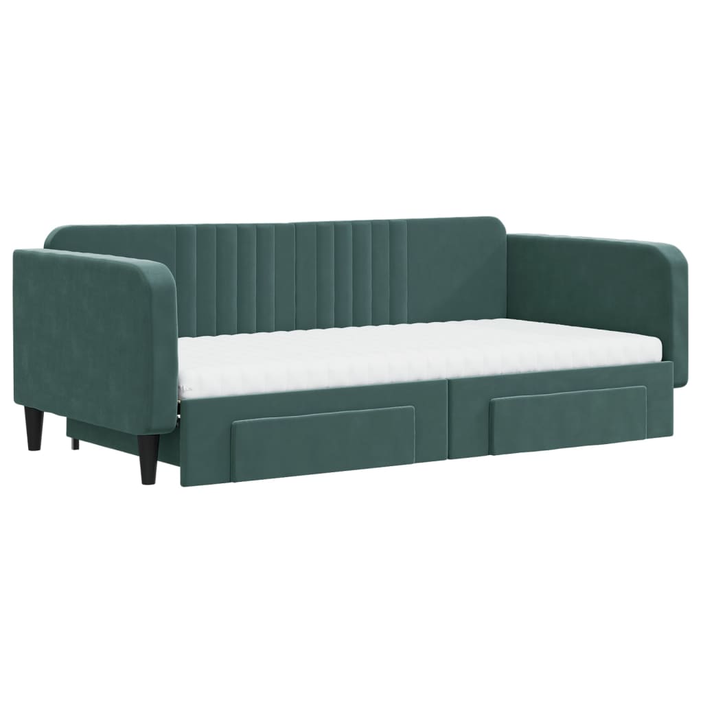 daybed med udtræk og skuffer 100x200 cm velour mørkegrøn