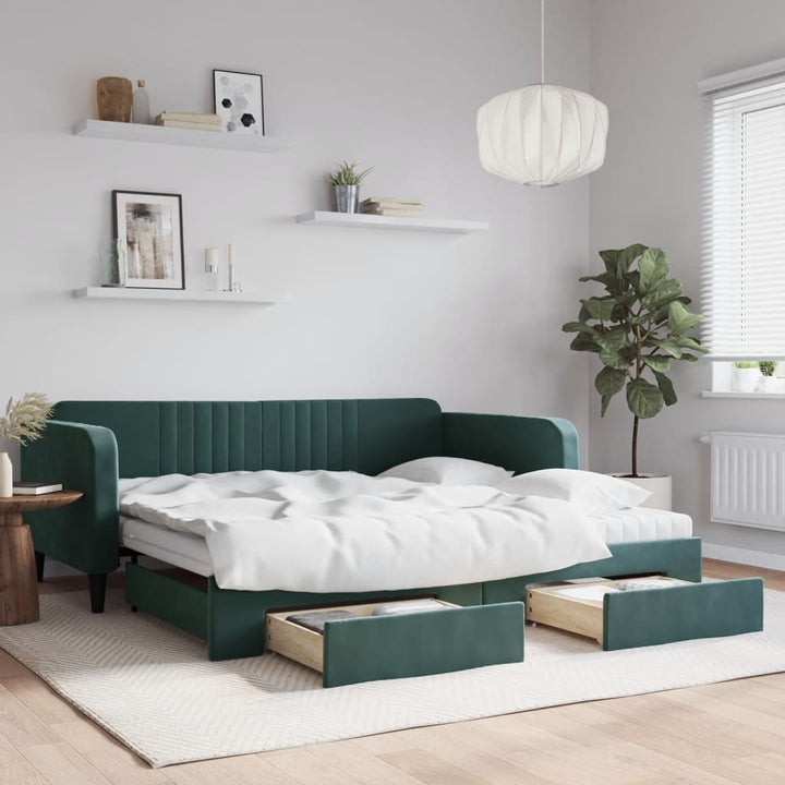 daybed med udtræk og skuffer 100x200 cm velour mørkegrøn