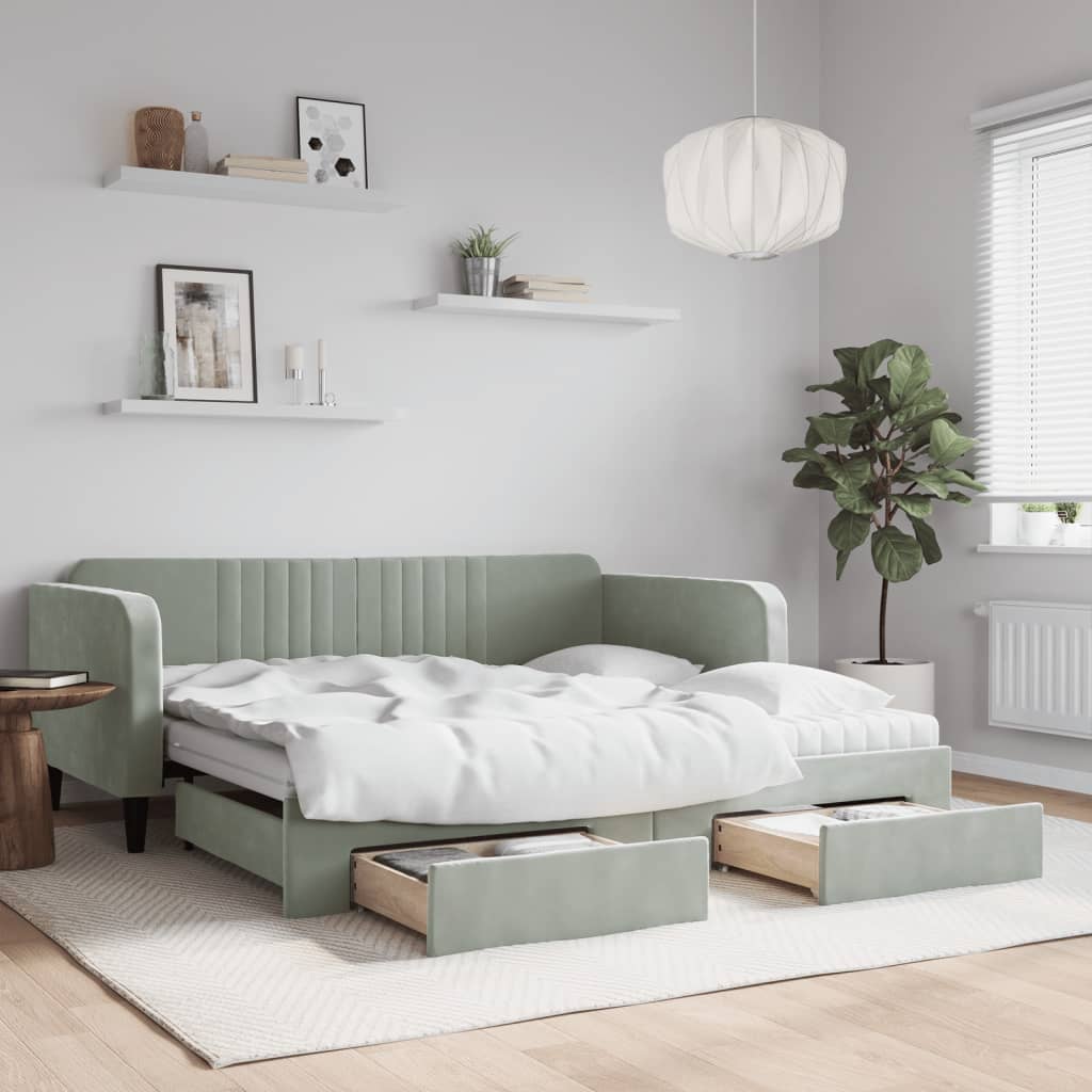 daybed med udtræk og skuffer 90x190 cm velour lysegrå