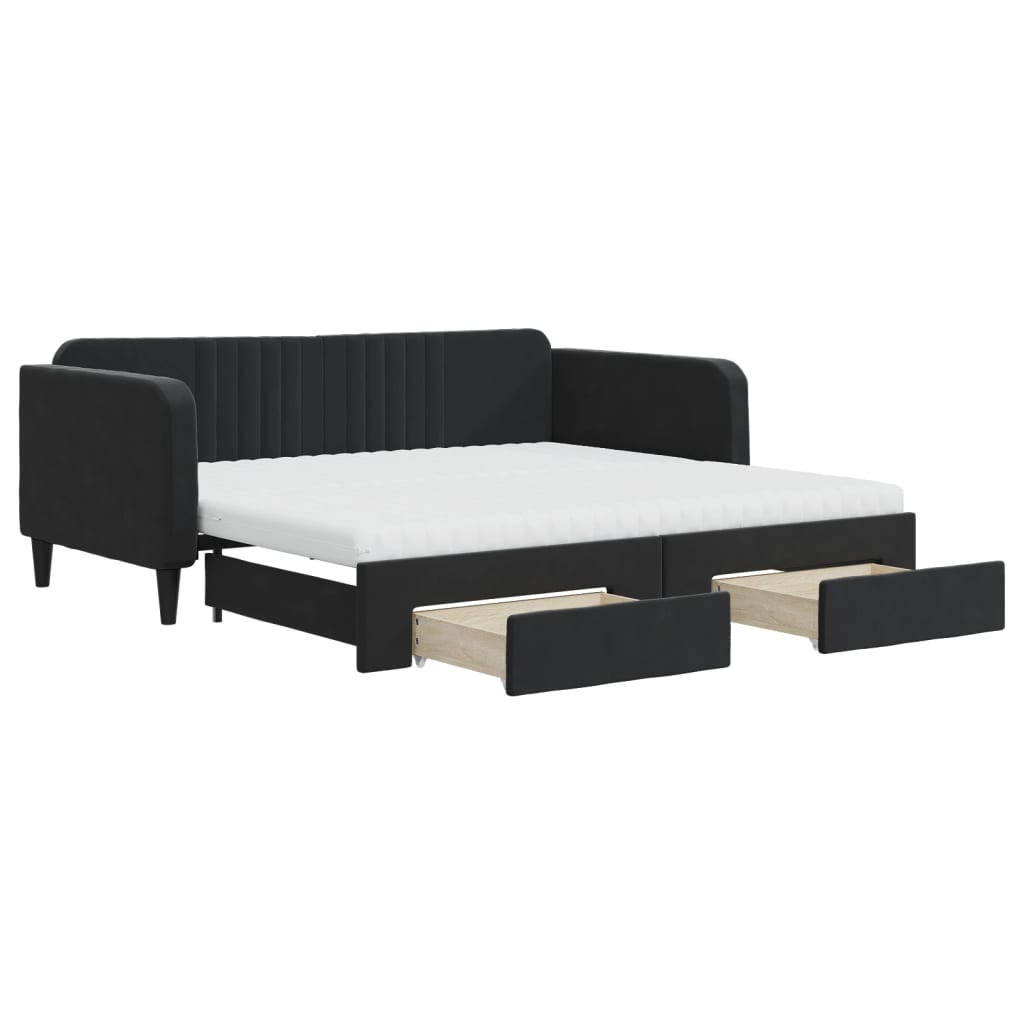 daybed med udtræk og skuffer 90x190 cm velour sort