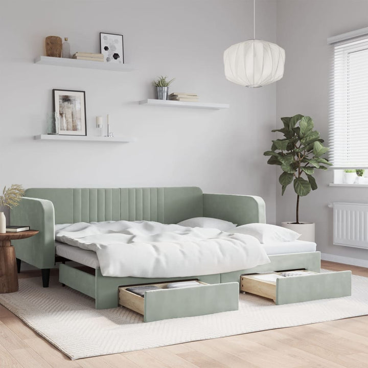 daybed med udtræk og skuffer 100x190 cm velour lysegrå
