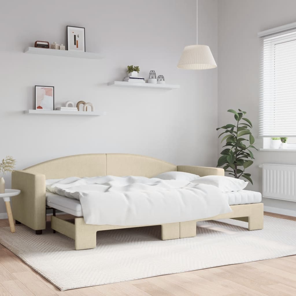 daybed med udtræk og madras 80x200 cm stof cremefarvet