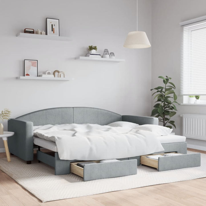 daybed med udtræk og skuffer 90x200 cm stof lysegrå