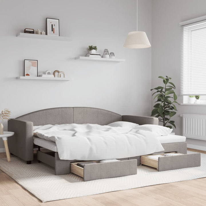 daybed med udtræk og skuffer 90x200 cm stof gråbrun