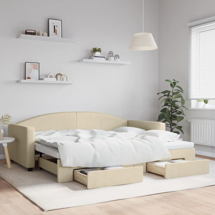 daybed med udtræk og skuffer 90x200 cm stof cremefarvet