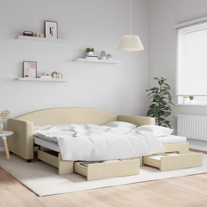 daybed med udtræk og skuffer 100x200 cm stof cremefarvet