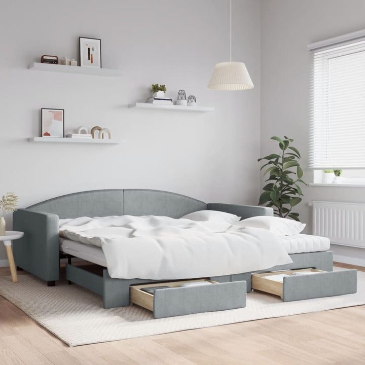 daybed med udtræk og skuffer 100x200 cm stof lysegrå