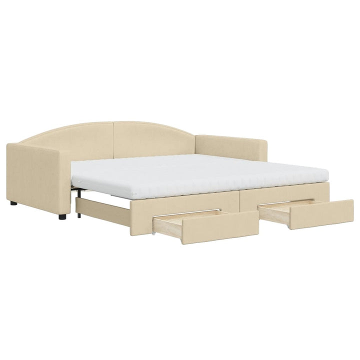 daybed med udtræk og skuffer 100x200 cm stof cremefarvet