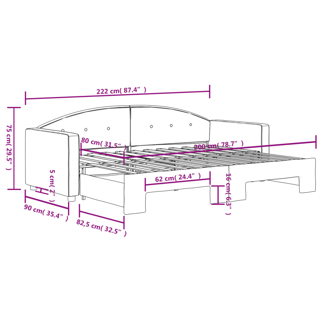 daybed med udtræk 80x200 cm velour lyserød