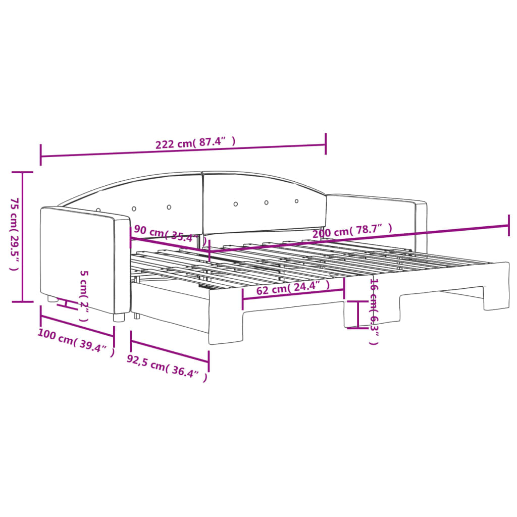 daybed med udtræk 90x200 cm velour mørkegrå